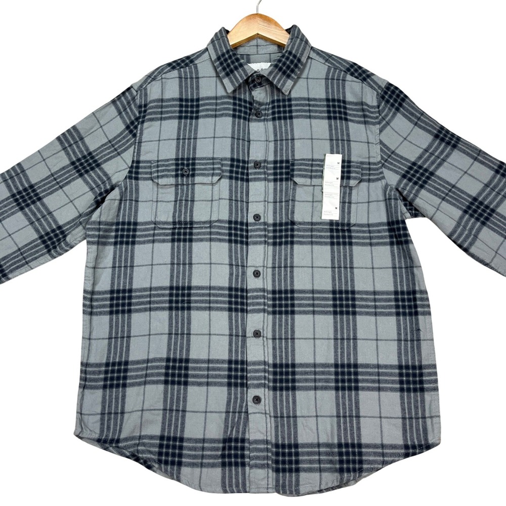 Goodfellow & Co Button Down Shirt Mens Medium Gray Navy Blue Plaid Flannel NEW